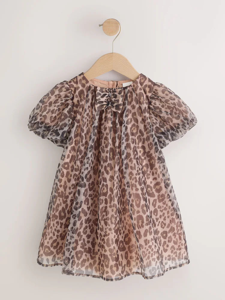|Girl| Vestido De Tela Com Estampa De Leopardo e Manga Curta (3 meses a 7 anos)
