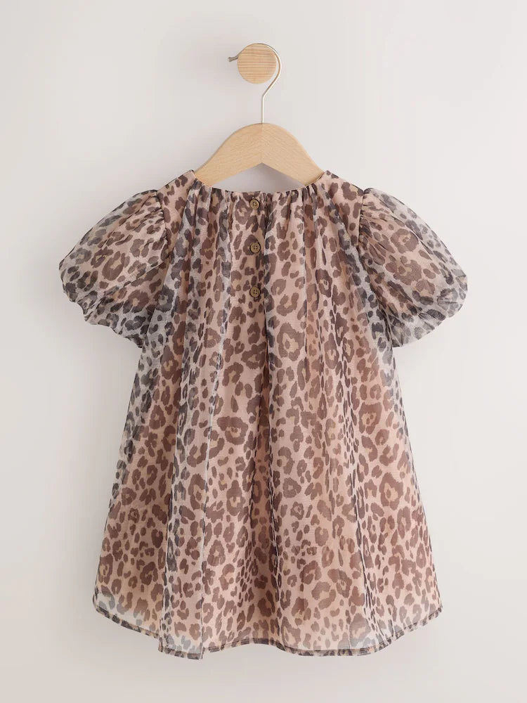 |Girl| Vestido De Tela Com Estampa De Leopardo e Manga Curta (3 meses a 7 anos)