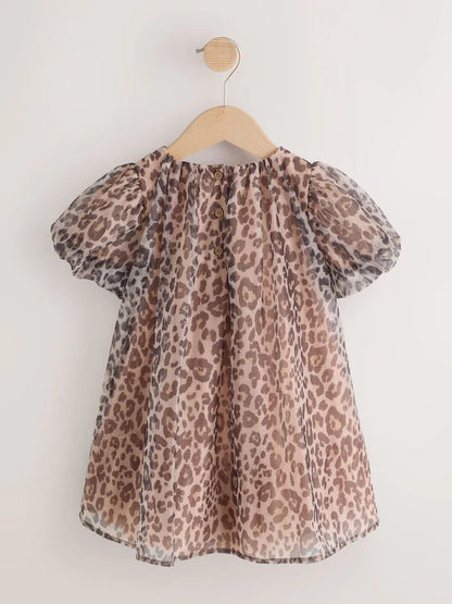 |Girl| Vestido De Tela Com Estampa De Leopardo e Manga Curta (3 meses a 7 anos)