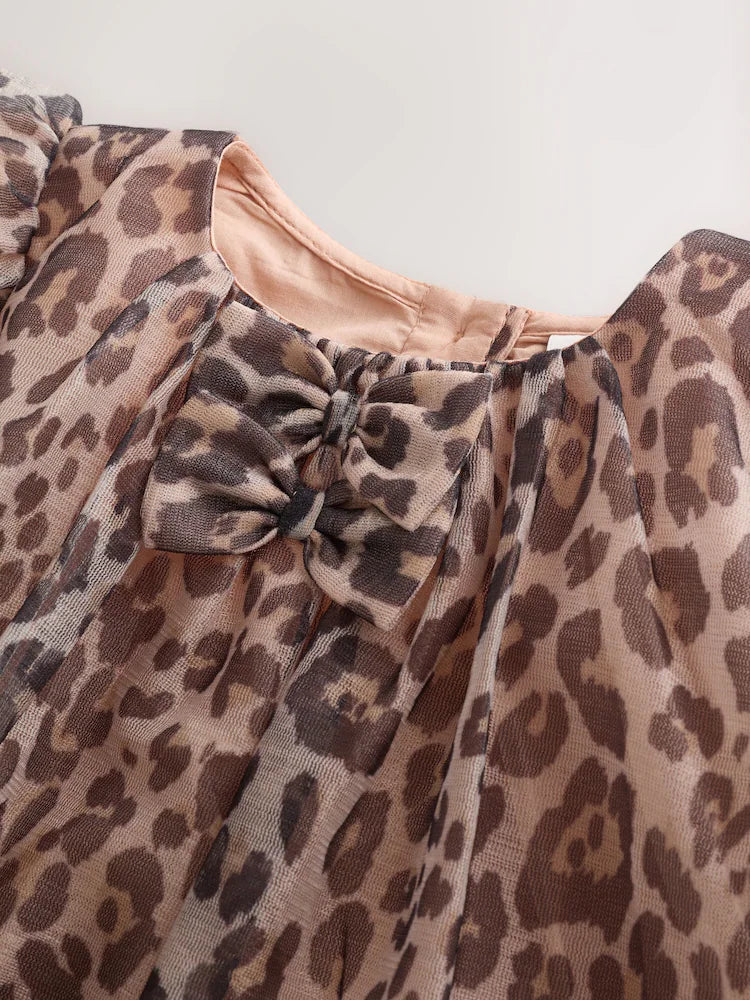 |Girl| Vestido De Tela Com Estampa De Leopardo e Manga Curta (3 meses a 7 anos)