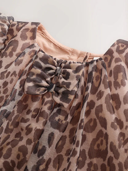 |Girl| Vestido De Tela Com Estampa De Leopardo e Manga Curta (3 meses a 7 anos)