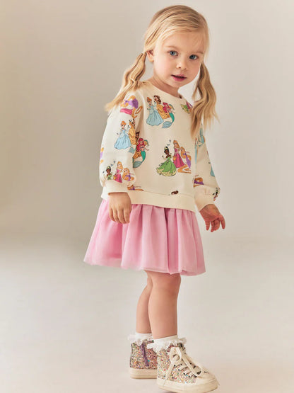 |Girl| Vestido Rosa De Moletom e Tela – Princesas Disney (9 meses a 7 anos)