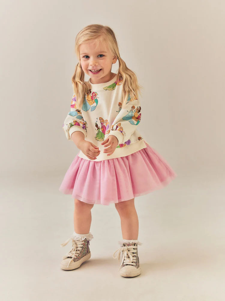 |Girl| Vestido Rosa De Moletom e Tela – Princesas Disney (9 meses a 7 anos)