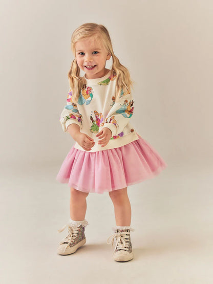 |Girl| Vestido Rosa De Moletom e Tela – Princesas Disney (9 meses a 7 anos)