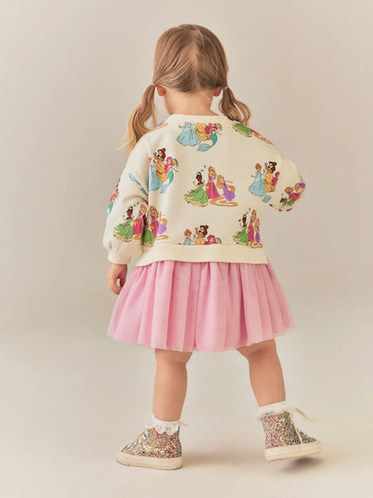|Girl| Vestido Rosa De Moletom e Tela – Princesas Disney (9 meses a 7 anos)