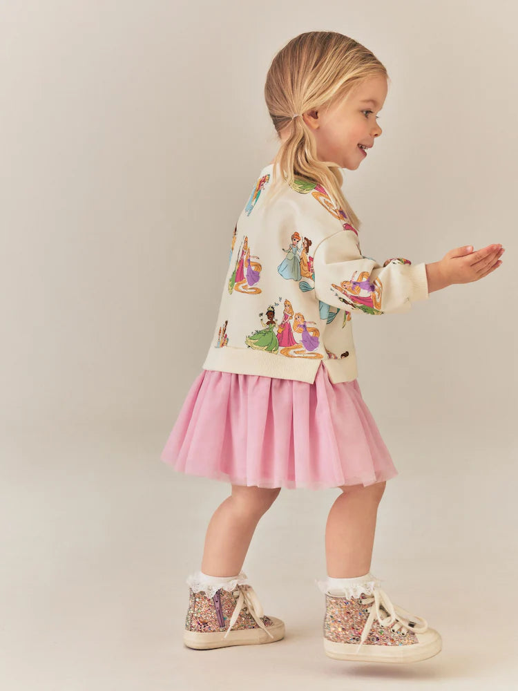 |Girl| Vestido Rosa De Moletom e Tela – Princesas Disney (9 meses a 7 anos)