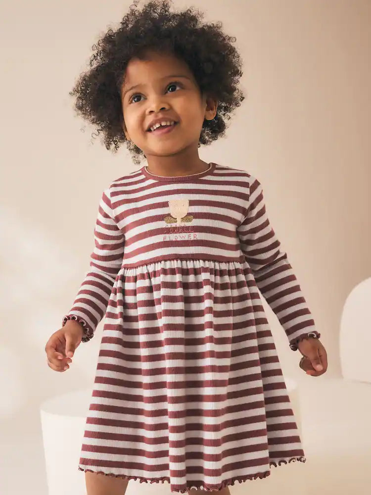 |Girl| Vestido Canelado de Manga Longa com Listras e Flores em Tons de Marrom (3 meses a 7 anos)