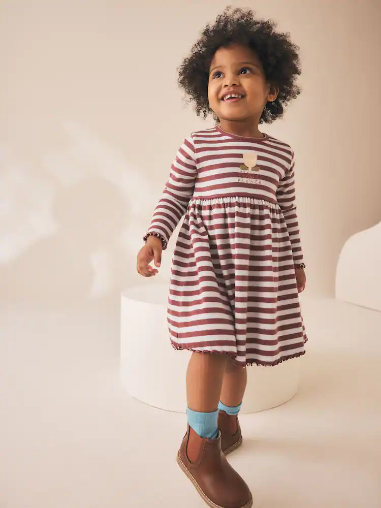 |Girl| Vestido Canelado de Manga Longa com Listras e Flores em Tons de Marrom (3 meses a 7 anos)