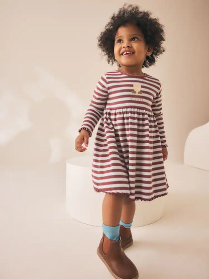 |Girl| Vestido Canelado de Manga Longa com Listras e Flores em Tons de Marrom (3 meses a 7 anos)
