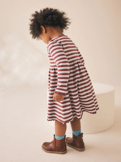 |Girl| Vestido Canelado de Manga Longa com Listras e Flores em Tons de Marrom (3 meses a 7 anos)
