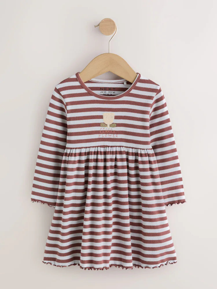 |Girl| Vestido Canelado de Manga Longa com Listras e Flores em Tons de Marrom (3 meses a 7 anos)