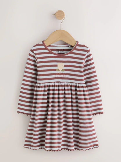 |Girl| Vestido Canelado de Manga Longa com Listras e Flores em Tons de Marrom (3 meses a 7 anos)