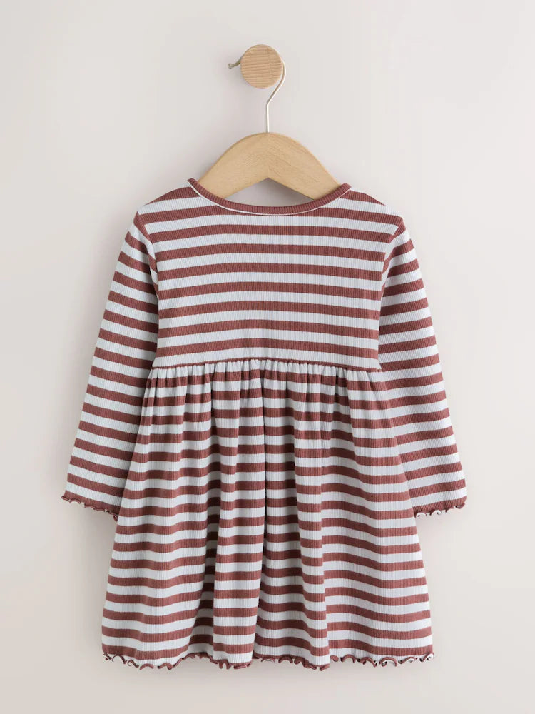 |Girl| Vestido Canelado de Manga Longa com Listras e Flores em Tons de Marrom (3 meses a 7 anos)