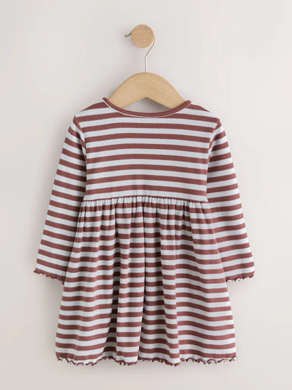 |Girl| Vestido Canelado de Manga Longa com Listras e Flores em Tons de Marrom (3 meses a 7 anos)