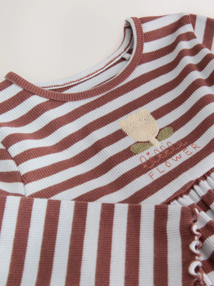 |Girl| Vestido Canelado de Manga Longa com Listras e Flores em Tons de Marrom (3 meses a 7 anos)