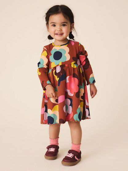 |Girl| Vestido Canelado de Manga Longa com Estampa de Flores Marrons (3 meses a 7 anos)