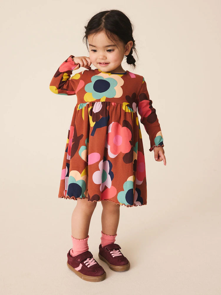 |Girl| Vestido Canelado de Manga Longa com Estampa de Flores Marrons (3 meses a 7 anos)