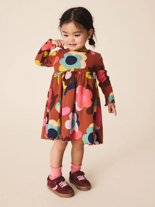 |Girl| Vestido Canelado de Manga Longa com Estampa de Flores Marrons (3 meses a 7 anos)