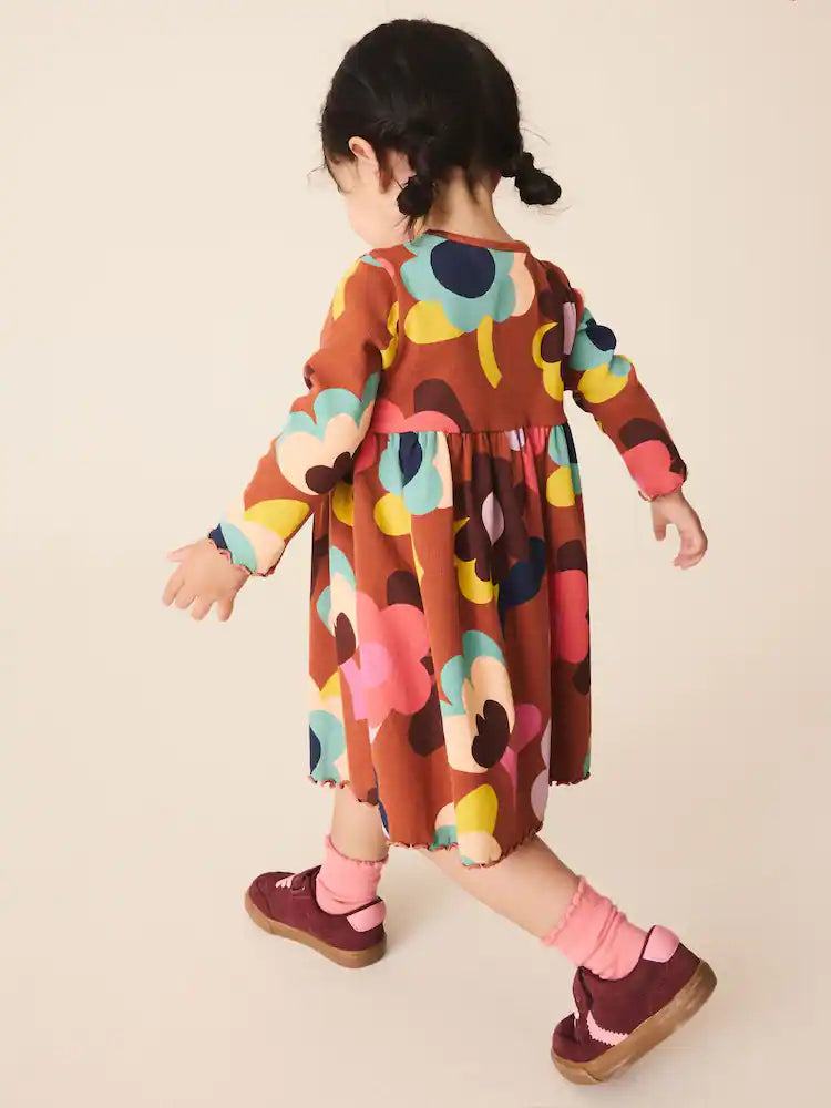 |Girl| Vestido Canelado de Manga Longa com Estampa de Flores Marrons (3 meses a 7 anos)