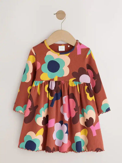 |Girl| Vestido Canelado de Manga Longa com Estampa de Flores Marrons (3 meses a 7 anos)