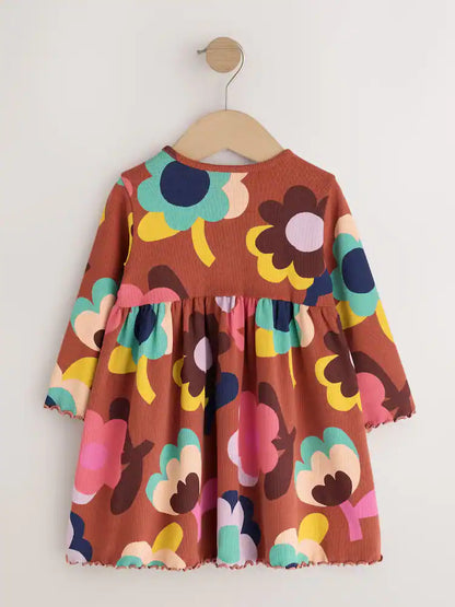 |Girl| Vestido Canelado de Manga Longa com Estampa de Flores Marrons (3 meses a 7 anos)