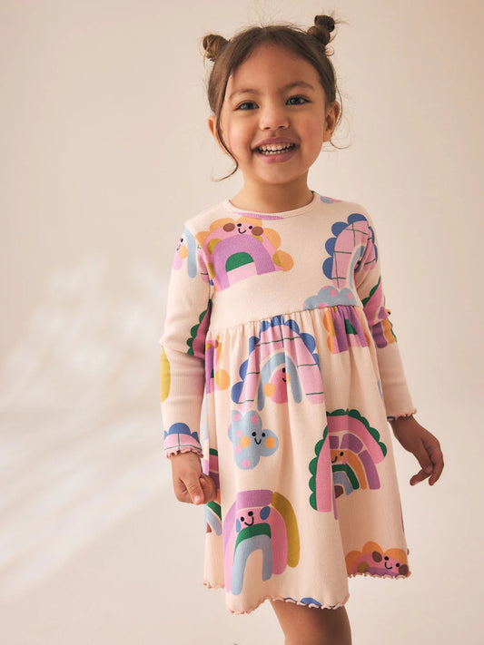 |Girl| Vestido Canelado de Manga Longa Arco-íris (3 meses a 7 anos)