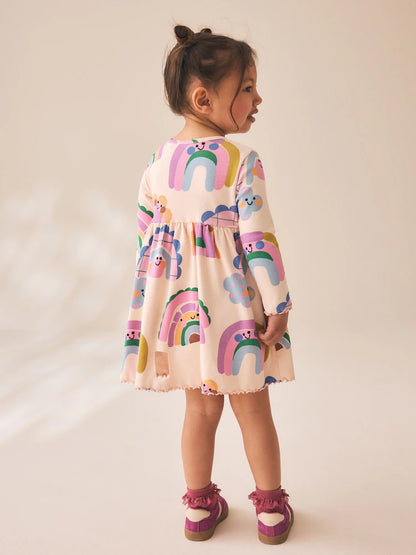 |Girl| Vestido Canelado de Manga Longa Arco-íris (3 meses a 7 anos)