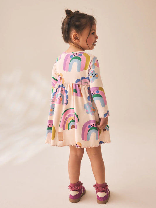 |Girl| Vestido Canelado de Manga Longa Arco-íris (3 meses a 7 anos)