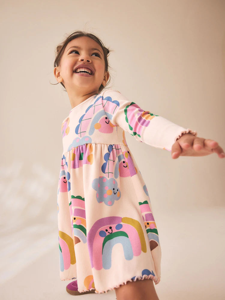 |Girl| Vestido Canelado de Manga Longa Arco-íris (3 meses a 7 anos)