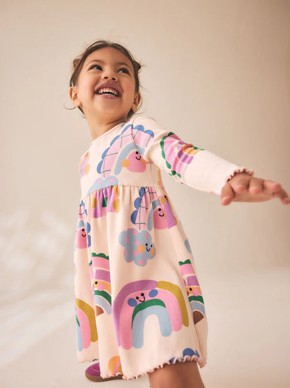 |Girl| Vestido Canelado de Manga Longa Arco-íris (3 meses a 7 anos)