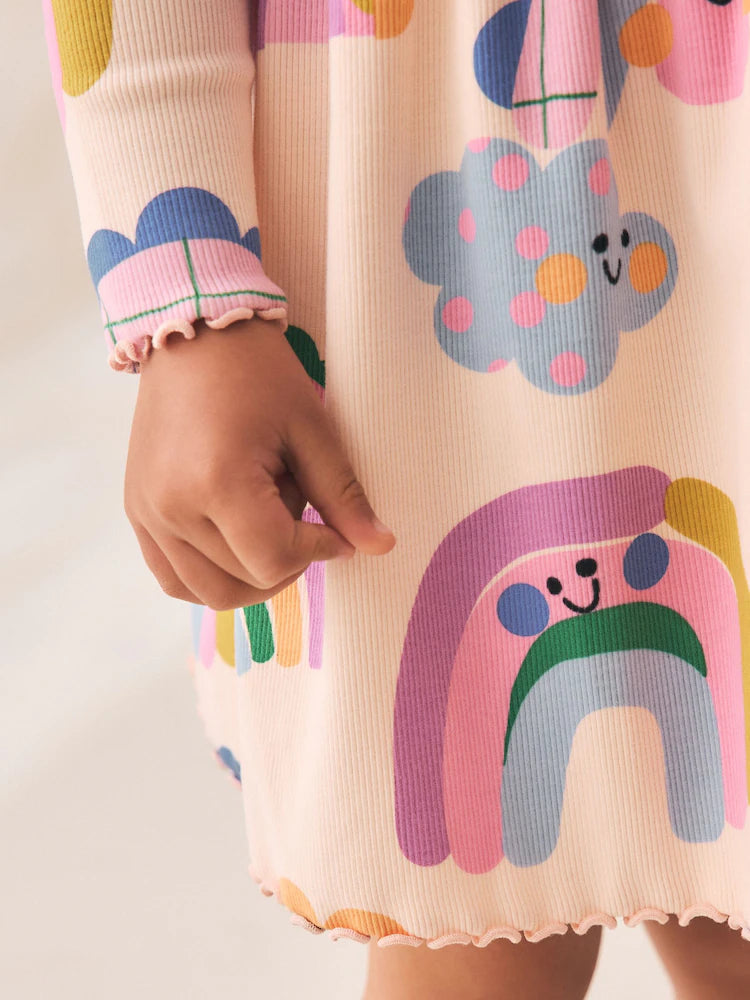 |Girl| Vestido Canelado de Manga Longa Arco-íris (3 meses a 7 anos)