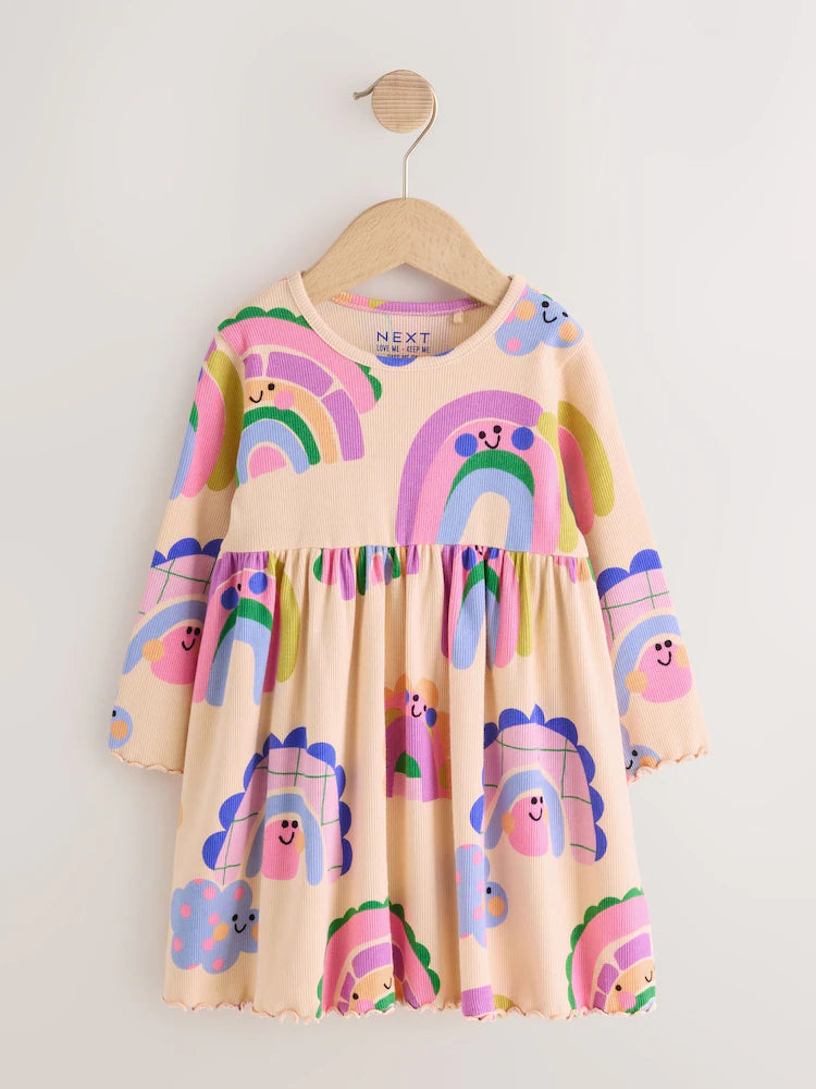 |Girl| Vestido Canelado de Manga Longa Arco-íris (3 meses a 7 anos)