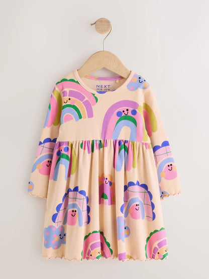 |Girl| Vestido Canelado de Manga Longa Arco-íris (3 meses a 7 anos)
