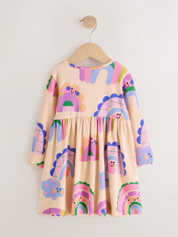 |Girl| Vestido Canelado de Manga Longa Arco-íris (3 meses a 7 anos)