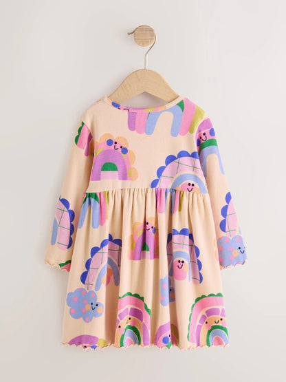|Girl| Vestido Canelado de Manga Longa Arco-íris (3 meses a 7 anos)