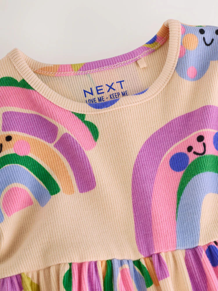 |Girl| Vestido Canelado de Manga Longa Arco-íris (3 meses a 7 anos)
