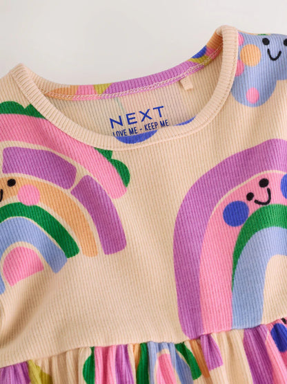 |Girl| Vestido Canelado de Manga Longa Arco-íris (3 meses a 7 anos)