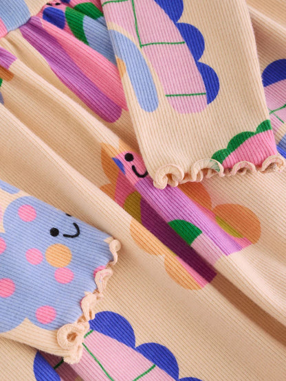 |Girl| Vestido Canelado de Manga Longa Arco-íris (3 meses a 7 anos)