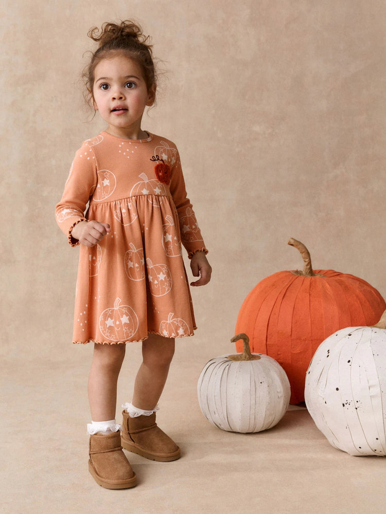 |Girl| Vestido Canelado Laranja de Halloween com Manga Longa (3 meses a 7 anos)