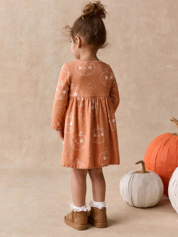 |Girl| Vestido Canelado Laranja de Halloween com Manga Longa (3 meses a 7 anos)