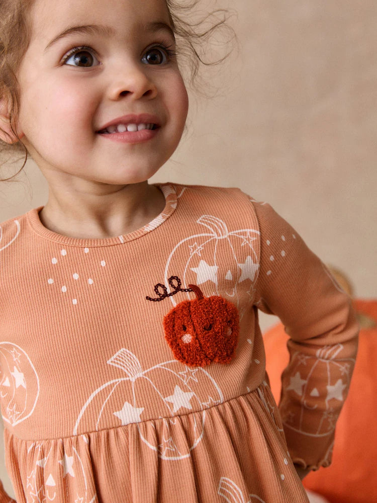 |Girl| Vestido Canelado Laranja de Halloween com Manga Longa (3 meses a 7 anos)
