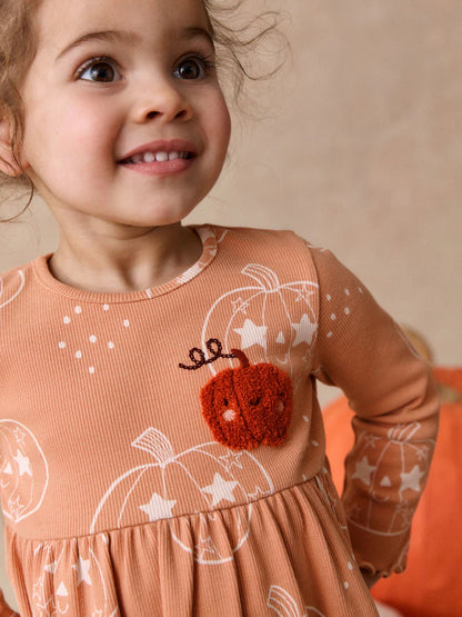 |Girl| Vestido Canelado Laranja de Halloween com Manga Longa (3 meses a 7 anos)