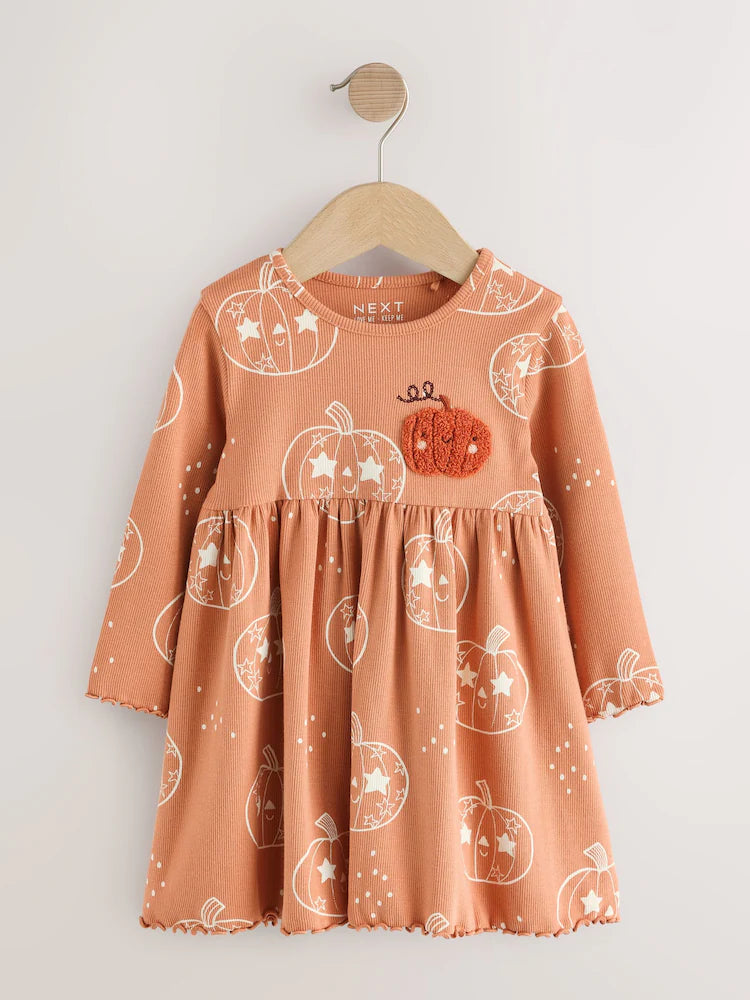 |Girl| Vestido Canelado Laranja de Halloween com Manga Longa (3 meses a 7 anos)