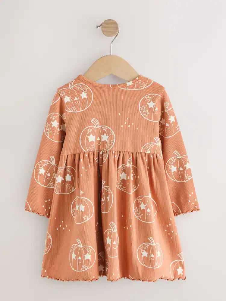|Girl| Vestido Canelado Laranja de Halloween com Manga Longa (3 meses a 7 anos)