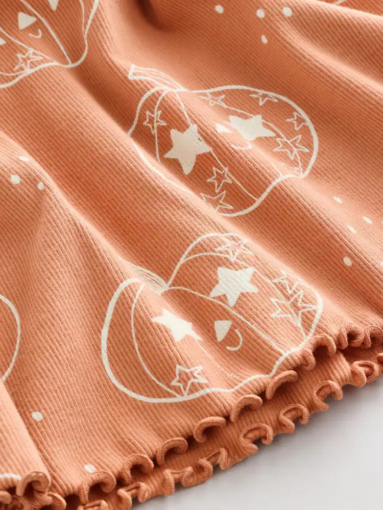 |Girl| Vestido Canelado Laranja de Halloween com Manga Longa (3 meses a 7 anos)