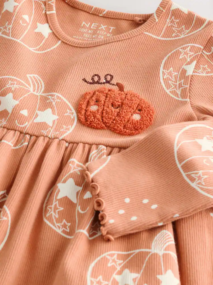 |Girl| Vestido Canelado Laranja de Halloween com Manga Longa (3 meses a 7 anos)