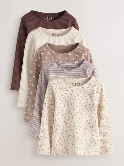 |Girl| Kit Com 5 Blusas Caneladas de Manga Longa em Tons Neutros (3 meses a 7 anos)