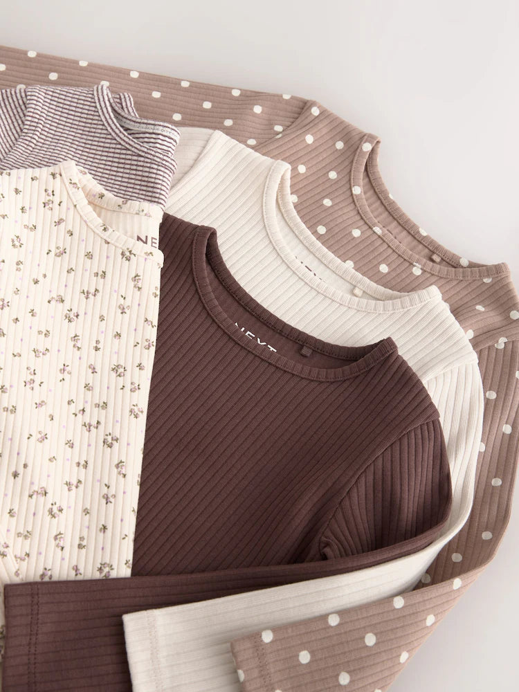 |Girl| Kit Com 5 Blusas Caneladas de Manga Longa em Tons Neutros (3 meses a 7 anos)