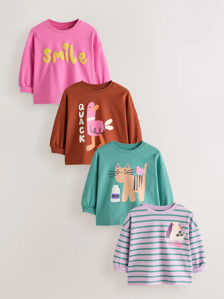 |Girl| Kit com 4 Camisetas de Manga Longa com Estampa de Pato Verde (3 meses a 7 anos)