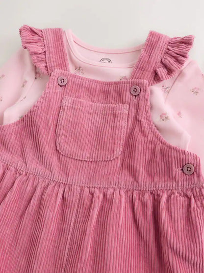 |BabyGirl| Conjunto De Bebê De 2 Peças: jardineira e Body Rosa De Veludo Cotelê (0 meses a 2 anos)